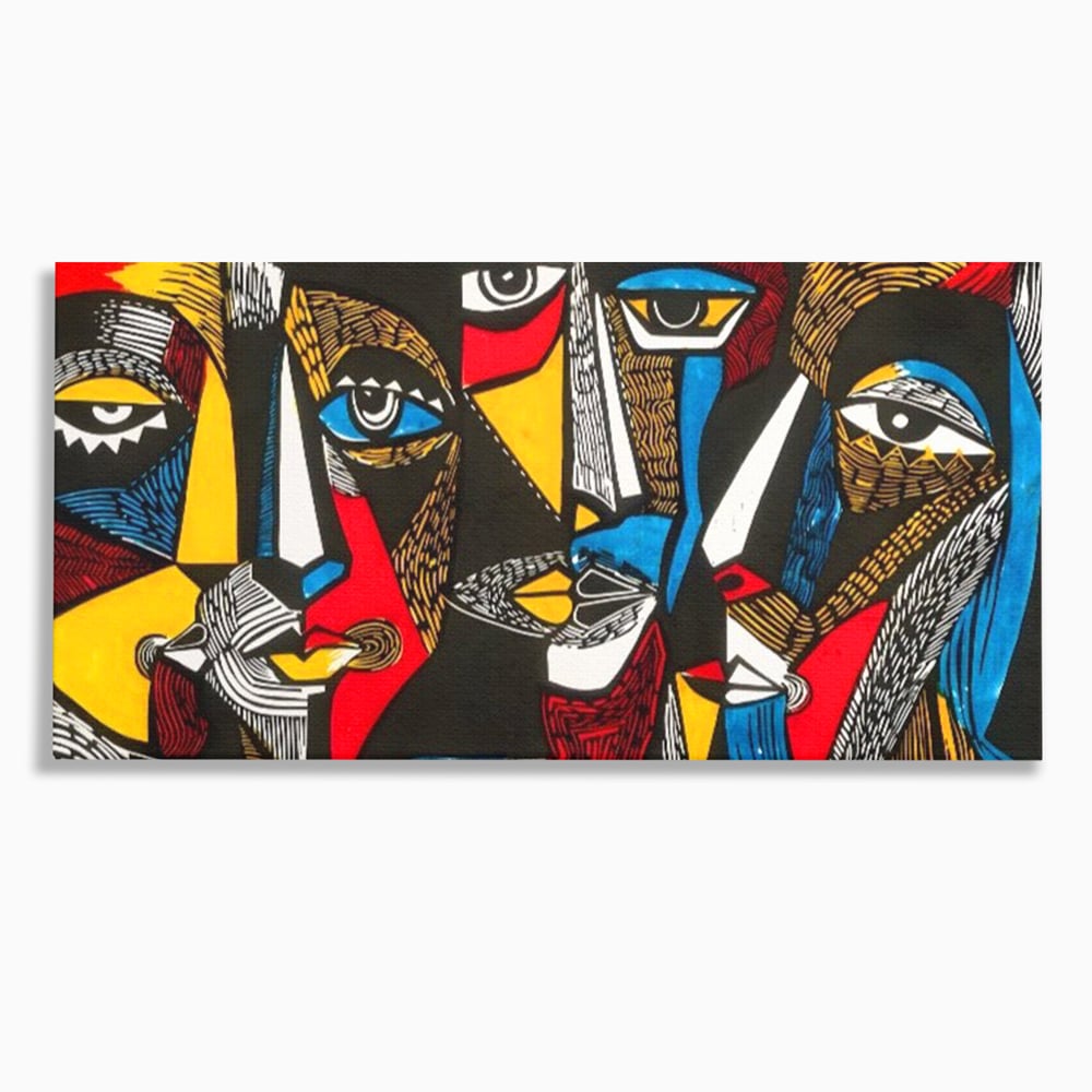 Tablou canvas cu tablou abstract cu fete colorate, fara rama, pe sasiu de lemn